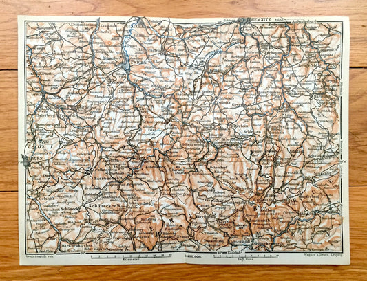 Antique 1925 Plauen, Germany Map from Baedekers Guide Atlas – Zwickau, Glauchau, Chemnitz, Lengefeld, Berga, Voigtland, Bohmen, Greiz, Geyer