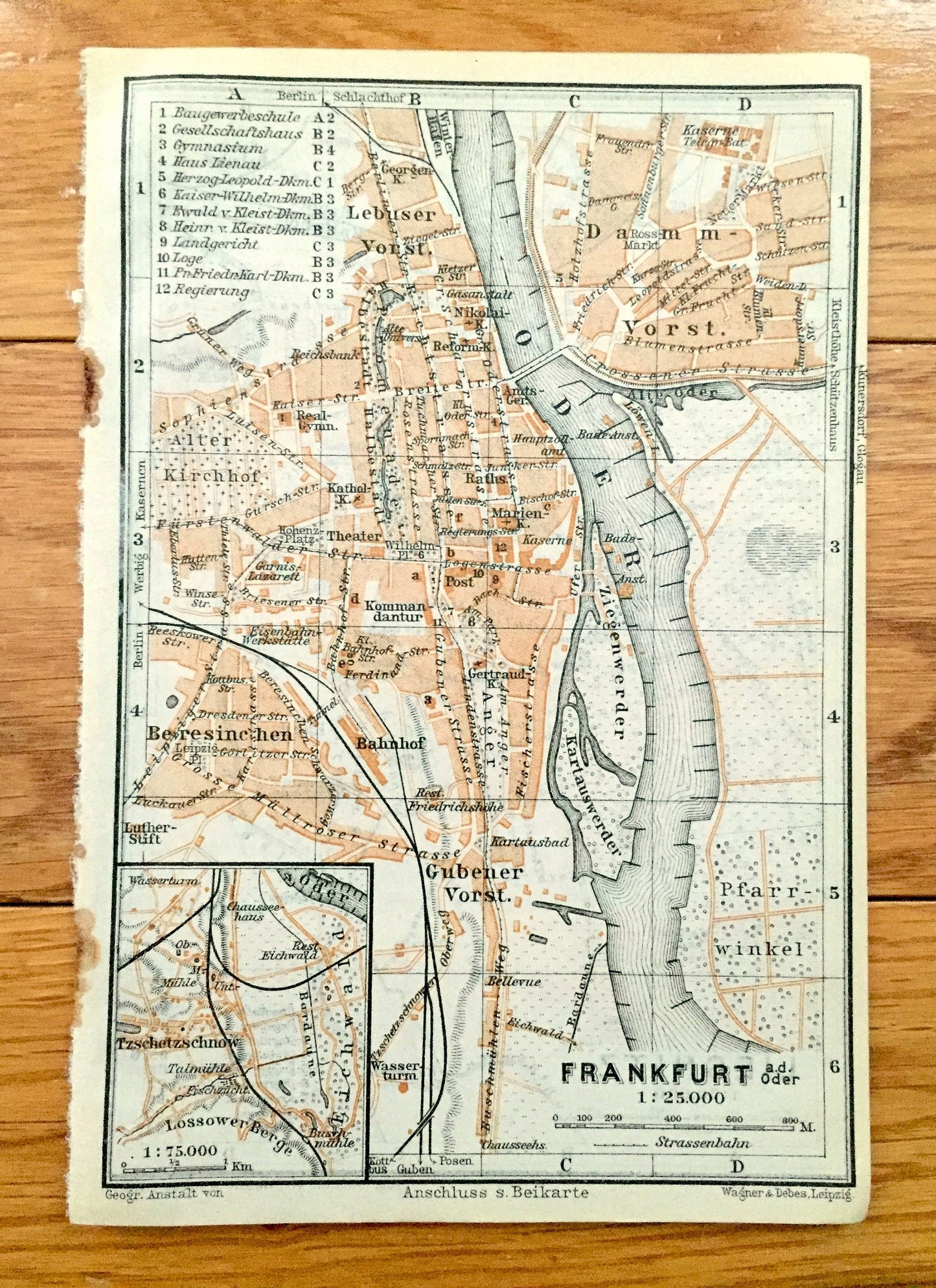 Antique 1925 Frankfurt, Germany & Liegnitz (Legnica), Poland Map from Baedekers Guide Atlas –  River Main, Hesse, Kaczawa River, Czarna Woda