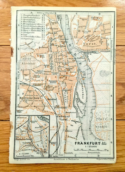 Antique 1925 Frankfurt, Germany & Liegnitz (Legnica), Poland Map from Baedekers Guide Atlas –  River Main, Hesse, Kaczawa River, Czarna Woda