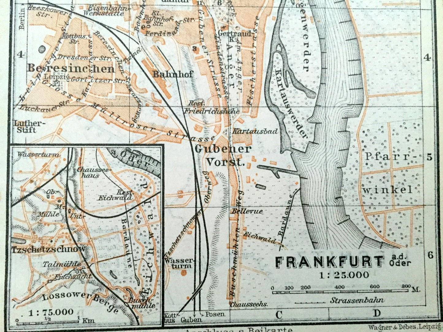 Antique 1925 Frankfurt, Germany & Liegnitz (Legnica), Poland Map from Baedekers Guide Atlas –  River Main, Hesse, Kaczawa River, Czarna Woda