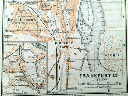 Antique 1925 Frankfurt, Germany & Liegnitz (Legnica), Poland Map from Baedekers Guide Atlas –  River Main, Hesse, Kaczawa River, Czarna Woda
