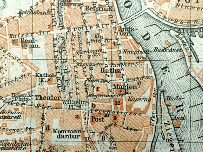 Antique 1925 Frankfurt, Germany & Liegnitz (Legnica), Poland Map from Baedekers Guide Atlas –  River Main, Hesse, Kaczawa River, Czarna Woda