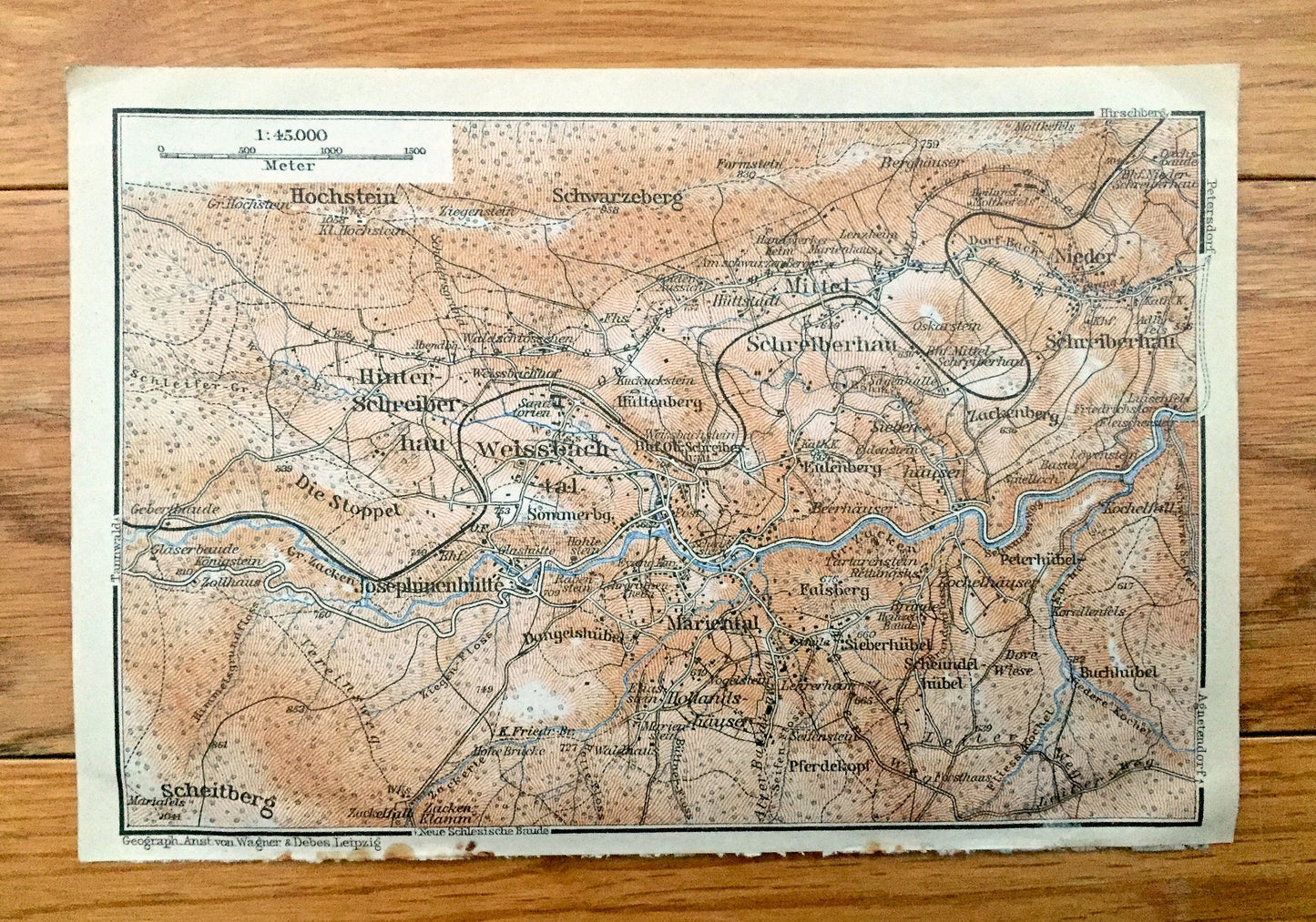 Antique 1925 Weissbachtal, Germany Map from Baedekers Guide Atlas – Hochstein, Scheitberg, Marienthal, Schreiberhau, Hinter-Schreiber
