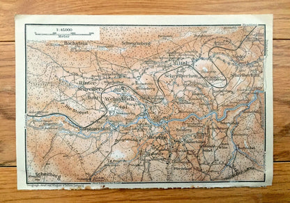 Antique 1925 Weissbachtal, Germany Map from Baedekers Guide Atlas – Hochstein, Scheitberg, Marienthal, Schreiberhau, Hinter-Schreiber
