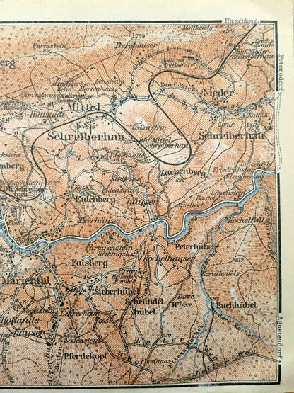 Antique 1925 Weissbachtal, Germany Map from Baedekers Guide Atlas – Hochstein, Scheitberg, Marienthal, Schreiberhau, Hinter-Schreiber