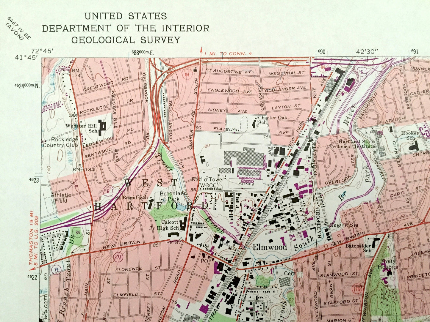 Antique Hartford South, Connecticut 1964 US Geological Survey Topographic Map – Middlesex, Hartford County, Newington, Berlin, Rocky Hill CT