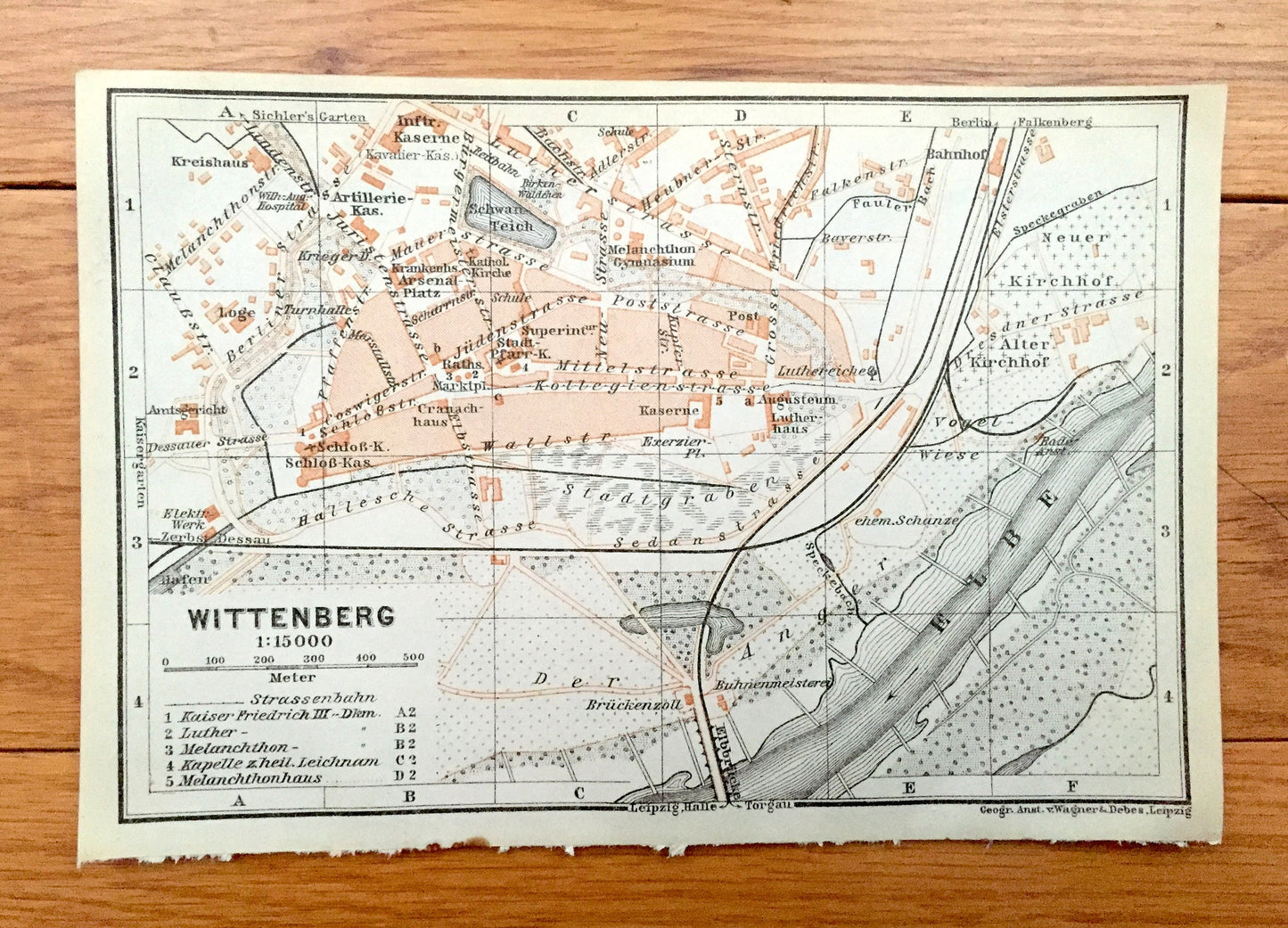 Antique 1925 Wittenberg, Germany Map from Baedekers Guide Atlas – Elbe River, Lutherhaus, Protestant Reformation, Martin Luther, Stadtkirche