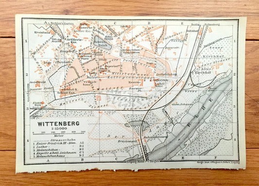 Antique 1925 Wittenberg, Germany Map from Baedekers Guide Atlas – Elbe River, Lutherhaus, Protestant Reformation, Martin Luther, Stadtkirche