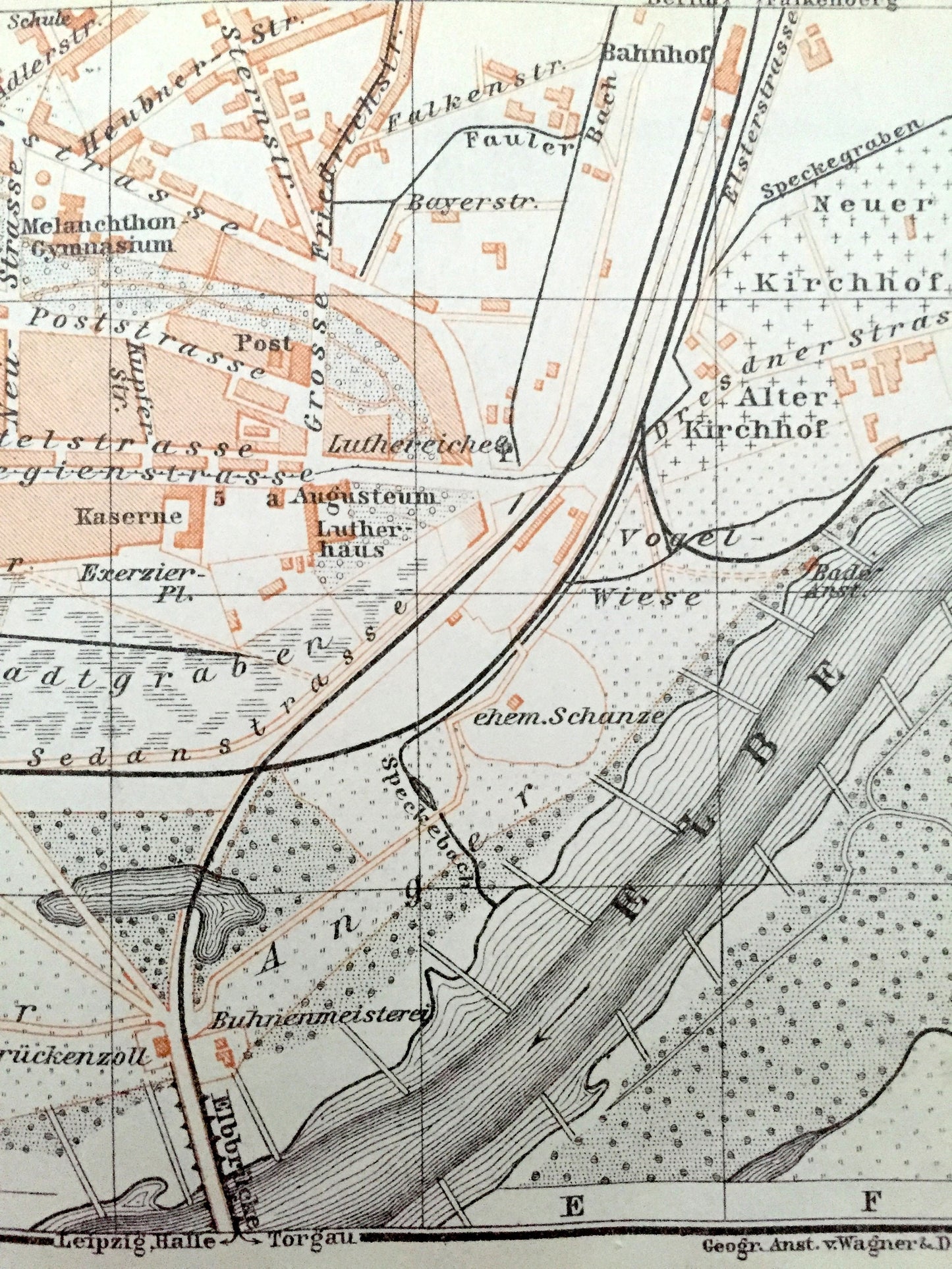 Antique 1925 Wittenberg, Germany Map from Baedekers Guide Atlas – Elbe River, Lutherhaus, Protestant Reformation, Martin Luther, Stadtkirche