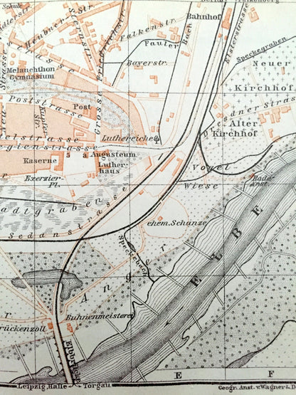 Antique 1925 Wittenberg, Germany Map from Baedekers Guide Atlas – Elbe River, Lutherhaus, Protestant Reformation, Martin Luther, Stadtkirche