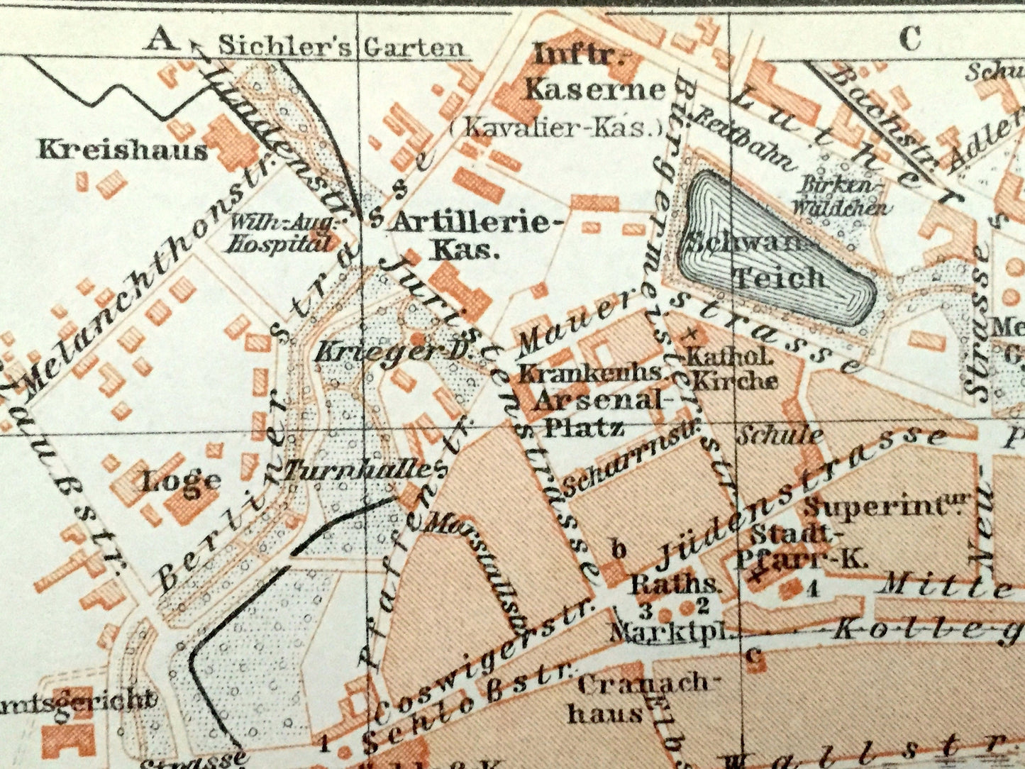 Antique 1925 Wittenberg, Germany Map from Baedekers Guide Atlas – Elbe River, Lutherhaus, Protestant Reformation, Martin Luther, Stadtkirche