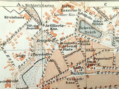 Antique 1925 Wittenberg, Germany Map from Baedekers Guide Atlas – Elbe River, Lutherhaus, Protestant Reformation, Martin Luther, Stadtkirche