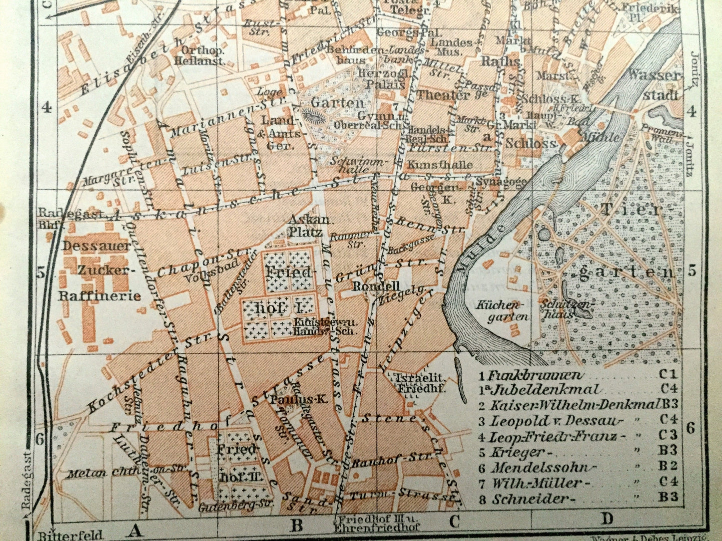 Antique 1925 Dessau Worlitz, Germany Map from Baedekers Guide Atlas –  Mulde River, Elbe River, Bundesland, Saxony Anhalt, Garten, Bahnhof