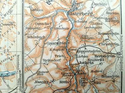 Antique 1925 Plauen, Germany Map from Baedekers Guide Atlas – Altenburg, Elsterberg, Greiz, Reissig, Rottis, Jossnitz, Hohndorf, Dolau, Pohl