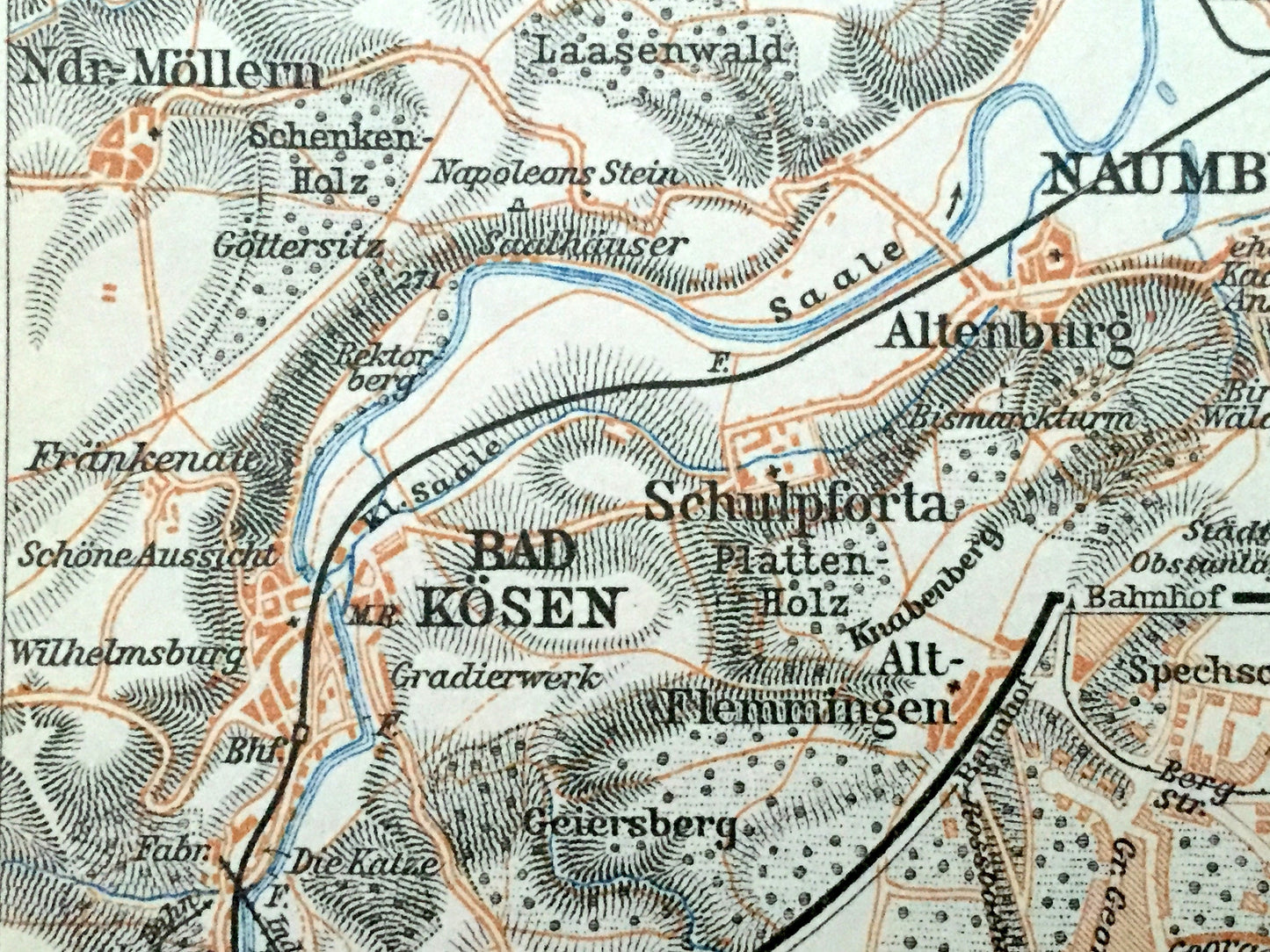 Antique 1925 Naumburg, Germany Map from Baedekers Guide Atlas –  Grossnitz, Jena, Cathedral, UNESCO, Altenburg, Freyburg, Bad Kosen, Crolpa
