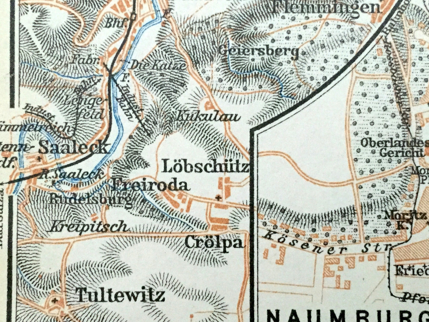 Antique 1925 Naumburg, Germany Map from Baedekers Guide Atlas –  Grossnitz, Jena, Cathedral, UNESCO, Altenburg, Freyburg, Bad Kosen, Crolpa