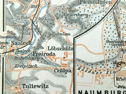 Antique 1925 Naumburg, Germany Map from Baedekers Guide Atlas –  Grossnitz, Jena, Cathedral, UNESCO, Altenburg, Freyburg, Bad Kosen, Crolpa