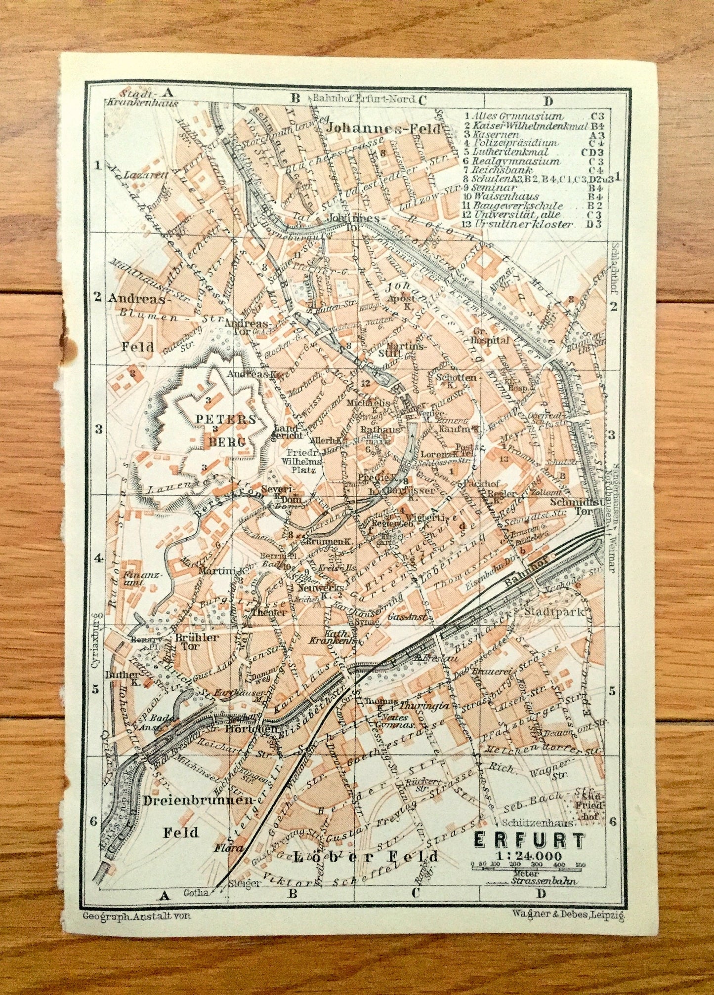 Antique 1925 Erfurt, Germany Map from Baedekers Guide Atlas –  Lober Feld, Dreienbrunnen, Andreas, Johannes, Thuringia, Gera River, Medieval