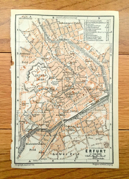 Antique 1925 Erfurt, Germany Map from Baedekers Guide Atlas –  Lober Feld, Dreienbrunnen, Andreas, Johannes, Thuringia, Gera River, Medieval