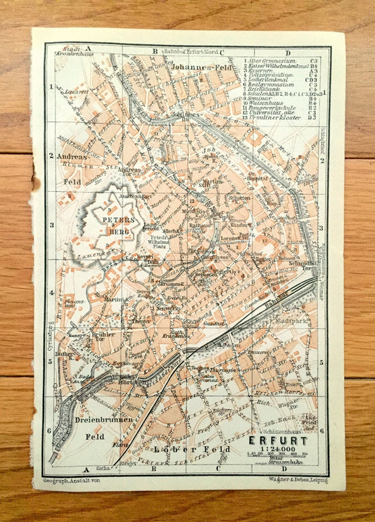Antique 1925 Erfurt, Germany Map from Baedekers Guide Atlas –  Lober Feld, Dreienbrunnen, Andreas, Johannes, Thuringia, Gera River, Medieval