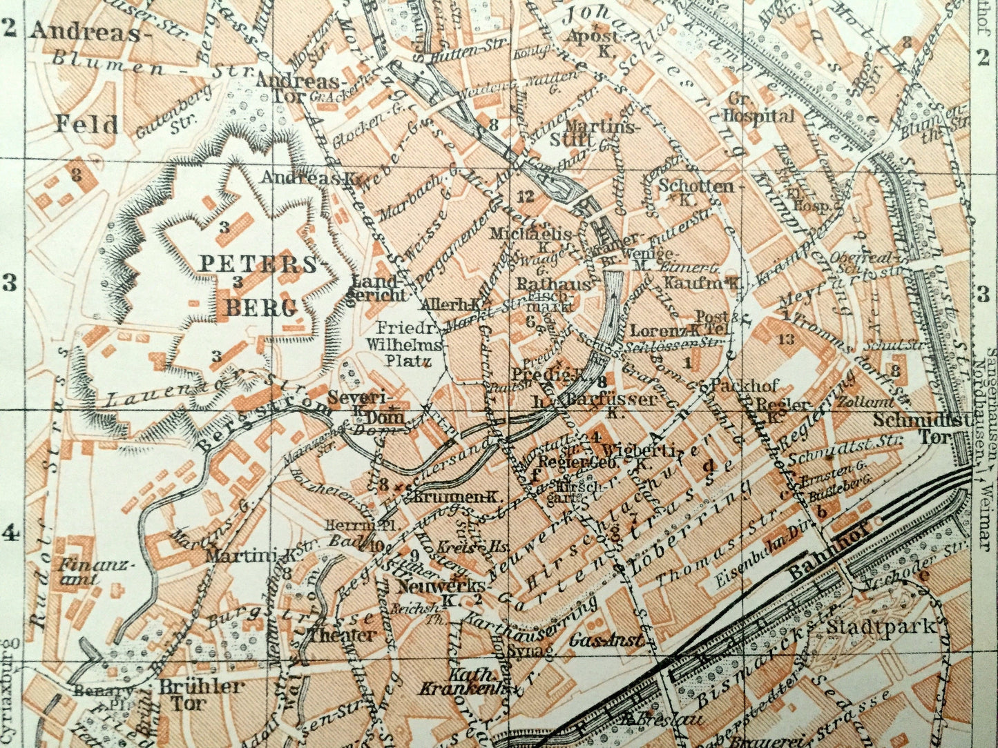 Antique 1925 Erfurt, Germany Map from Baedekers Guide Atlas –  Lober Feld, Dreienbrunnen, Andreas, Johannes, Thuringia, Gera River, Medieval