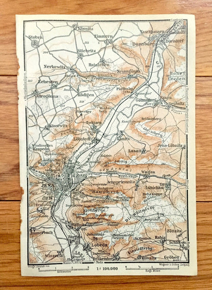 Antique 1925 Jena, Germany Map from Baedekers Guide Atlas – Lobeda, Burgau, Rabis, Groben, Lobstedt, Lehesten, Stobra, Golmsdorf, Dornburg