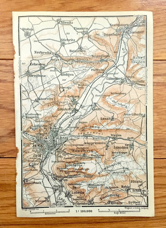 Antique 1925 Jena, Germany Map from Baedekers Guide Atlas – Lobeda, Burgau, Rabis, Groben, Lobstedt, Lehesten, Stobra, Golmsdorf, Dornburg