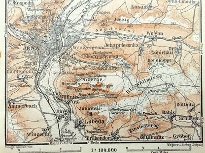 Antique 1925 Jena, Germany Map from Baedekers Guide Atlas – Lobeda, Burgau, Rabis, Groben, Lobstedt, Lehesten, Stobra, Golmsdorf, Dornburg