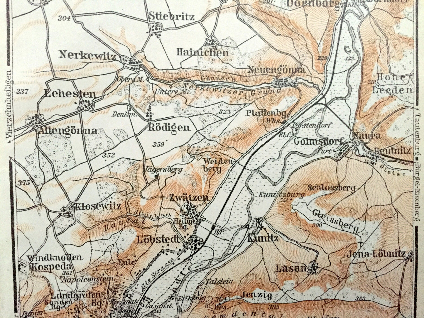 Antique 1925 Jena, Germany Map from Baedekers Guide Atlas – Lobeda, Burgau, Rabis, Groben, Lobstedt, Lehesten, Stobra, Golmsdorf, Dornburg
