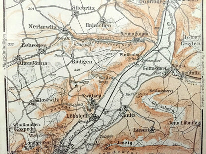 Antique 1925 Jena, Germany Map from Baedekers Guide Atlas – Lobeda, Burgau, Rabis, Groben, Lobstedt, Lehesten, Stobra, Golmsdorf, Dornburg