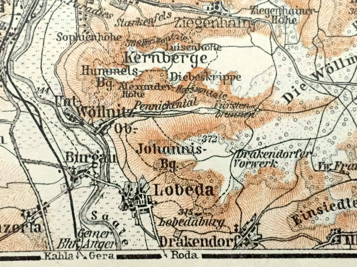 Antique 1925 Jena, Germany Map from Baedekers Guide Atlas – Lobeda, Burgau, Rabis, Groben, Lobstedt, Lehesten, Stobra, Golmsdorf, Dornburg