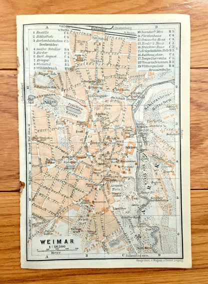 Antique 1925 Weimar, Germany Map from Baedekers Guide Atlas – Thuringia, Taubach, Ottern, Bergern, Ulla, Daasdorf, Troebsdorf, Bauhaus, Ilm