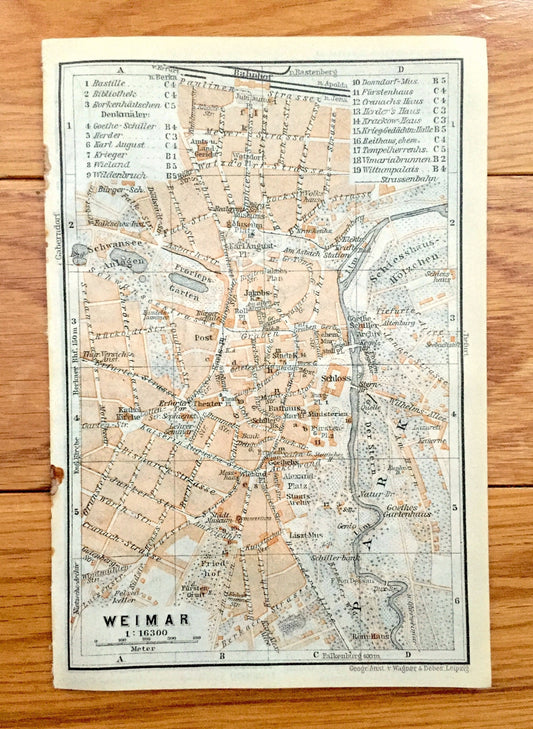 Antique 1925 Weimar, Germany Map from Baedekers Guide Atlas – Thuringia, Taubach, Ottern, Bergern, Ulla, Daasdorf, Troebsdorf, Bauhaus, Ilm