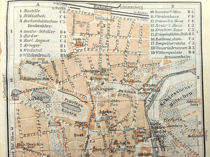 Antique 1925 Weimar, Germany Map from Baedekers Guide Atlas – Thuringia, Taubach, Ottern, Bergern, Ulla, Daasdorf, Troebsdorf, Bauhaus, Ilm