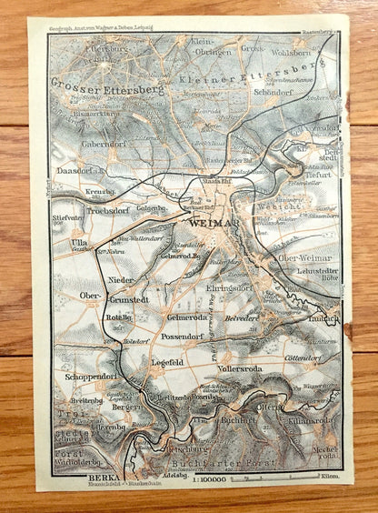 Antique 1925 Weimar, Germany Map from Baedekers Guide Atlas – Thuringia, Taubach, Ottern, Bergern, Ulla, Daasdorf, Troebsdorf, Bauhaus, Ilm