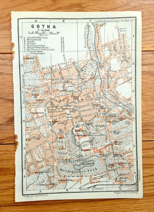 Antique 1925 Gotha, Germany Map from Baedekers Guide Atlas – Thuringia, Ernestine Wettins, European royals royalty, Middle Ages, Via Regia