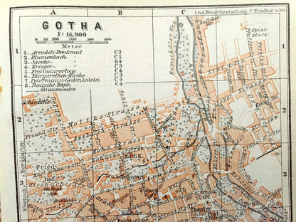 Antique 1925 Gotha, Germany Map from Baedekers Guide Atlas – Thuringia, Ernestine Wettins, European royals royalty, Middle Ages, Via Regia