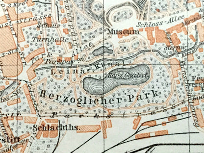 Antique 1925 Gotha, Germany Map from Baedekers Guide Atlas – Thuringia, Ernestine Wettins, European royals royalty, Middle Ages, Via Regia