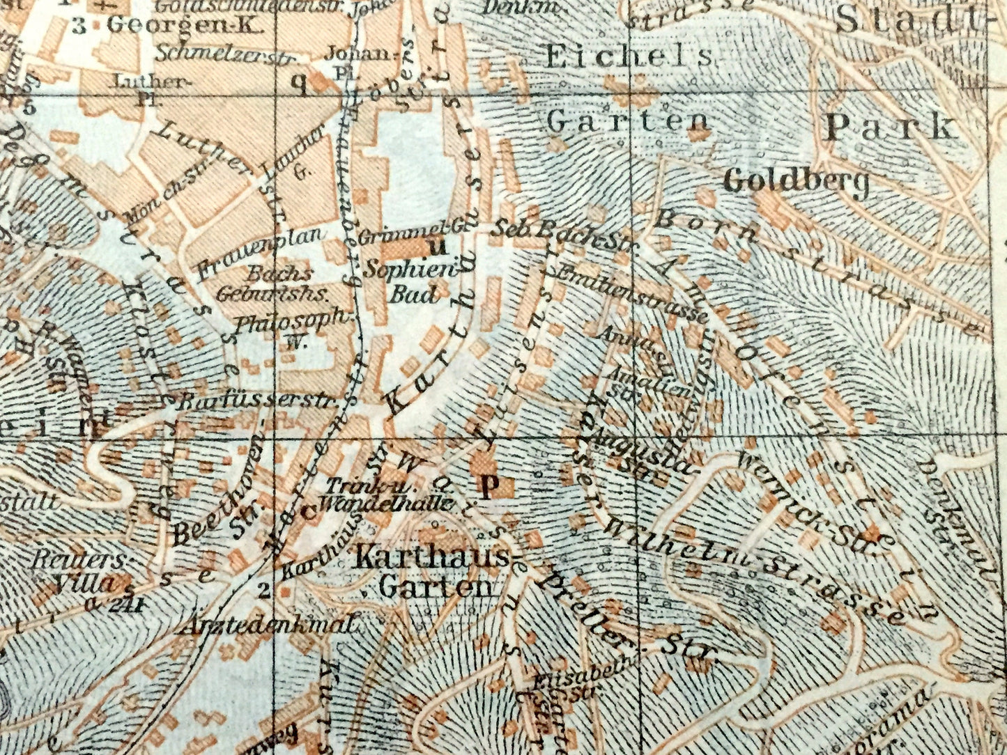 Antique 1925 Eisenach, Germany Map from Baedekers Guide Atlas – Thuringia, Wartburg, Gadem, Goldberg, castle, UNESCO, Bach, Goethe, Luther