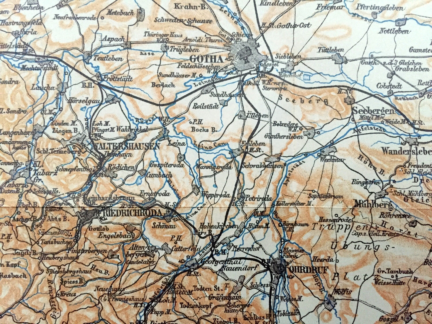 Antique 1925 Gotha, Germany Map from Baedekers Guide Atlas – Meiningen, Suhl, Ilmenau, Arnstadt, Eisenach, Eirfurt, Konigsee, Weimar, Berka