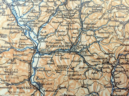 Antique 1925 Gotha, Germany Map from Baedekers Guide Atlas – Meiningen, Suhl, Ilmenau, Arnstadt, Eisenach, Eirfurt, Konigsee, Weimar, Berka
