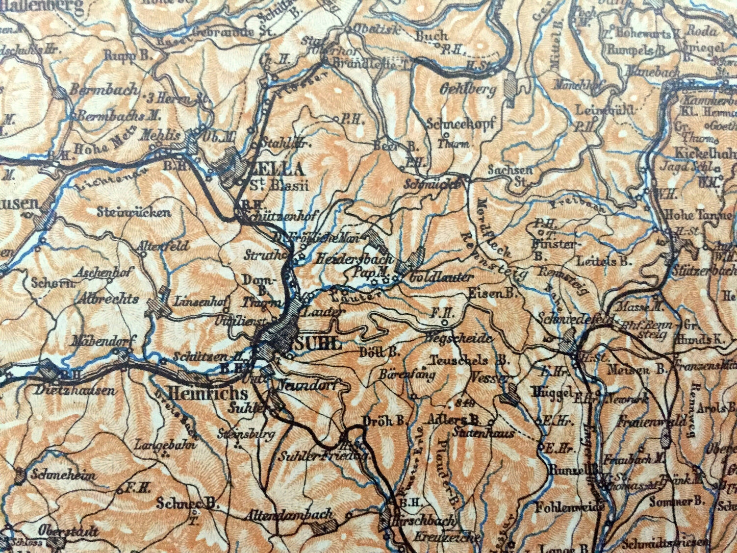 Antique 1925 Gotha, Germany Map from Baedekers Guide Atlas – Meiningen, Suhl, Ilmenau, Arnstadt, Eisenach, Eirfurt, Konigsee, Weimar, Berka
