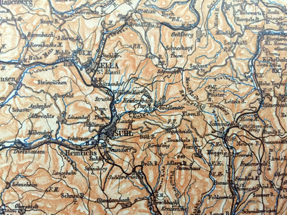 Antique 1925 Gotha, Germany Map from Baedekers Guide Atlas – Meiningen, Suhl, Ilmenau, Arnstadt, Eisenach, Eirfurt, Konigsee, Weimar, Berka