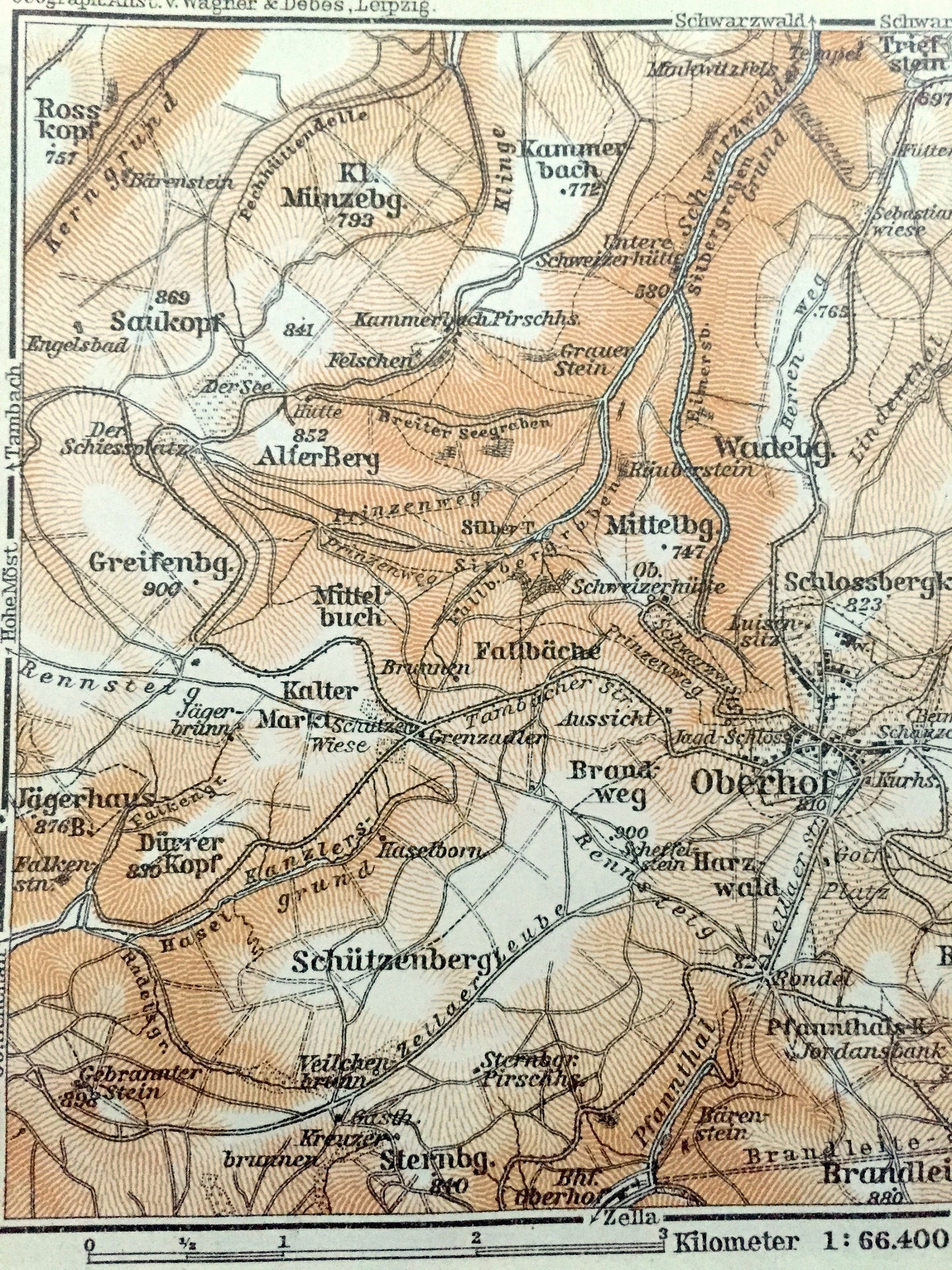 Antique 1925 Oberhof, Germany Map from Baedekers Guide Atlas – Saukopf, Greifenberg, Schutzenberg, Brandleite, Buchskopf, Bohler, Alterberg