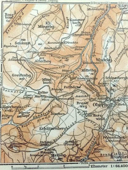 Antique 1925 Oberhof, Germany Map from Baedekers Guide Atlas – Saukopf, Greifenberg, Schutzenberg, Brandleite, Buchskopf, Bohler, Alterberg