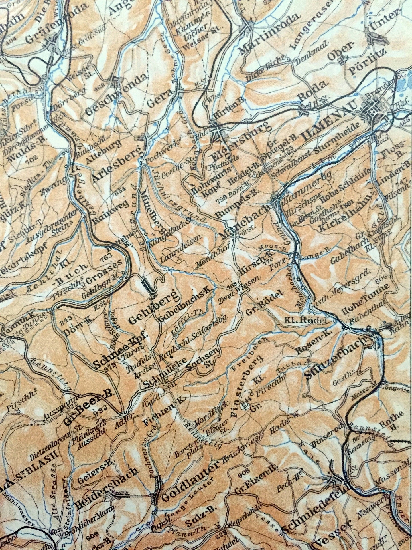 Antique 1925 Tambach, Germany Map from Baedekers Guide Atlas – Dietharz, Ohrdruf, Ilmenau, Suhl, Zella, Steinbach, Hallenberg, Struth, Roda