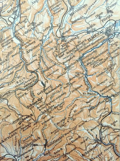 Antique 1925 Tambach, Germany Map from Baedekers Guide Atlas – Dietharz, Ohrdruf, Ilmenau, Suhl, Zella, Steinbach, Hallenberg, Struth, Roda