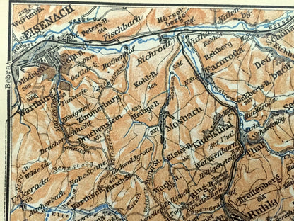Antique 1925 Friedrichroda, Germany Map from Baedekers Guide Atlas – Hausen, Walters, Schmalkalden, Barchfeld, Salzungen, Eisenach, Ruhla