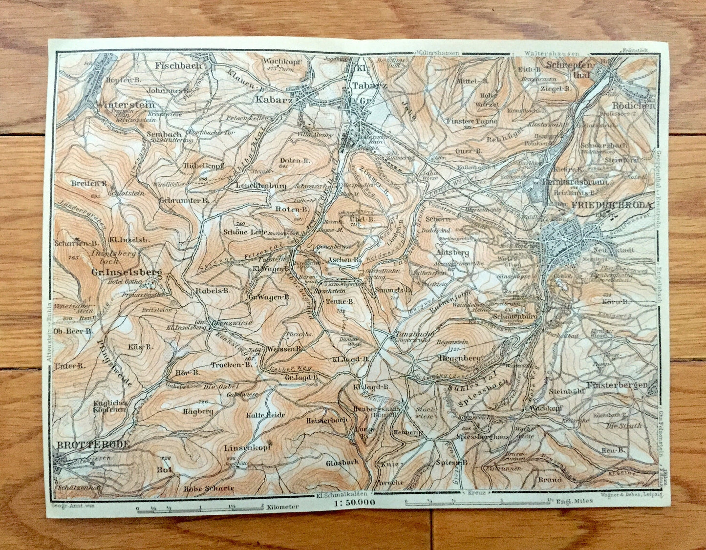 Antique 1925 Friedrichroda, Germany Map from Baedekers Guide Atlas – Winterstein, Brotterode, Finsterbergen, Rodichen, Tabarz, Kabarz, Rot
