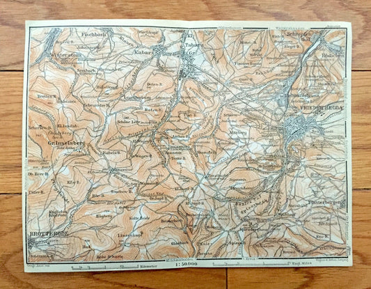 Antique 1925 Friedrichroda, Germany Map from Baedekers Guide Atlas – Winterstein, Brotterode, Finsterbergen, Rodichen, Tabarz, Kabarz, Rot